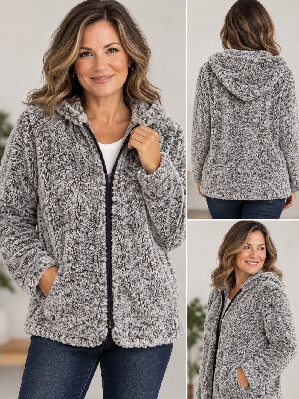 Plush Faux Fur Teddy Jacket Gray Hooded Zip Front